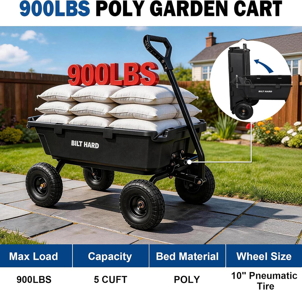 BILT HARD 900 lbs Poly Garden Dump Cart, 5 Cu.Ft Wheelbarrow Cart with 10" All Terrain Wheels & Quick-Release System, Heavy Duty Utility Wagon for