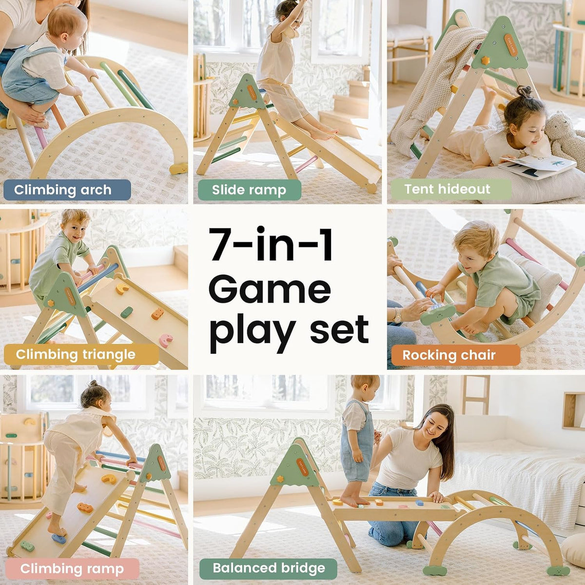 Tiny Land Pikler Triangle Set,7-in-1 Foldable Montessori Climbing Toys