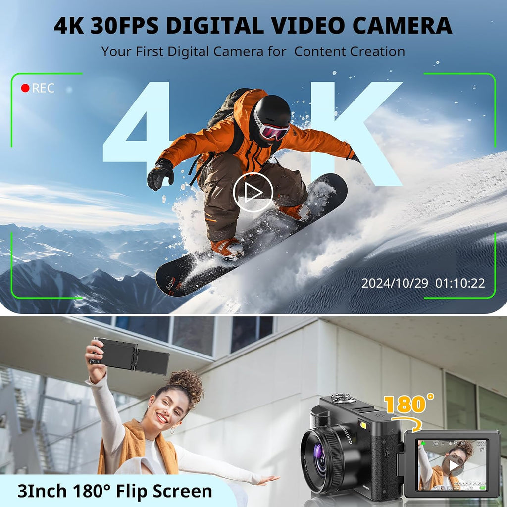 4K Digital Camera for Photography Autofocus, 2026 Latest 48MP Vlogging Camera for YouTube with SD Card, 2 Batteries, 3" 180°Flip Screen Compact