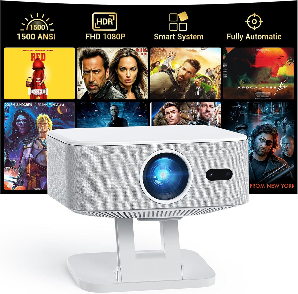 4K Outdoor Projector with Wifi and Bluetooth, Built-in Apps, Smart Projector with Auto Focus & Keystone, 1500 ANSI Lumens and 300" Movie Projector