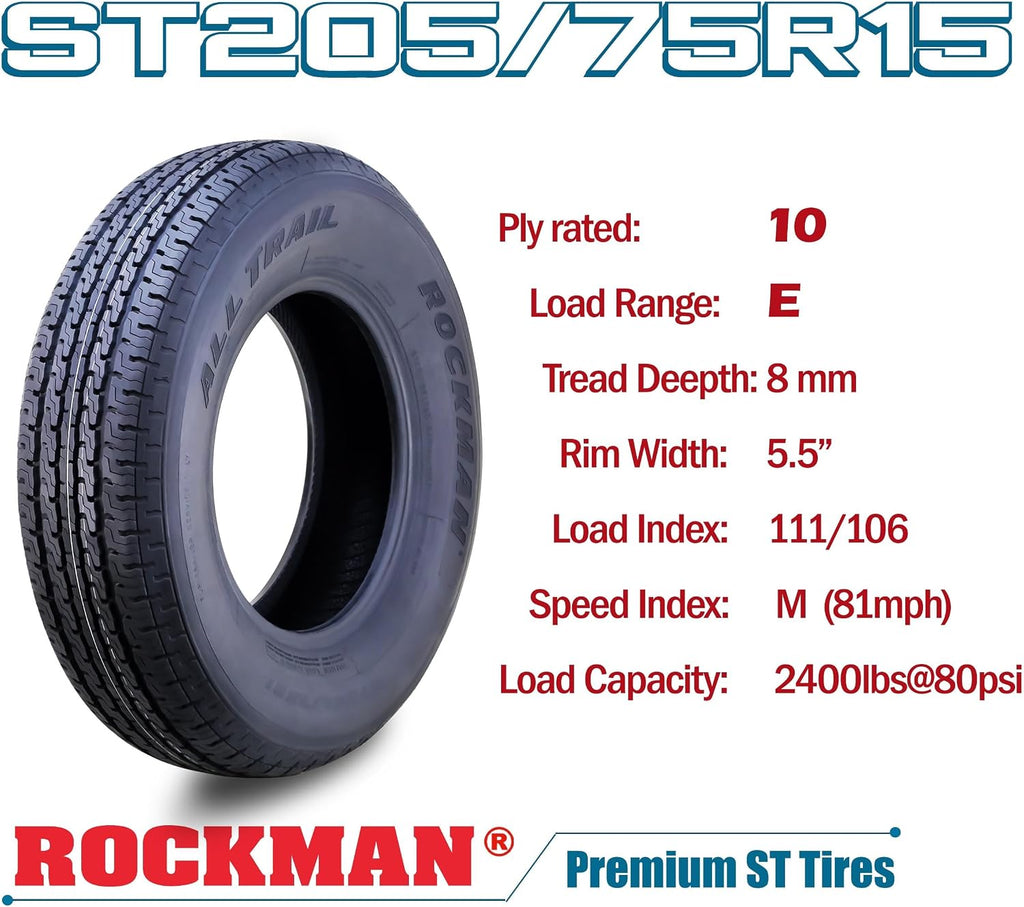 Heavy Duty Trailer Tire ST205/75R15 10-Ply Load Range E 110M, Set2