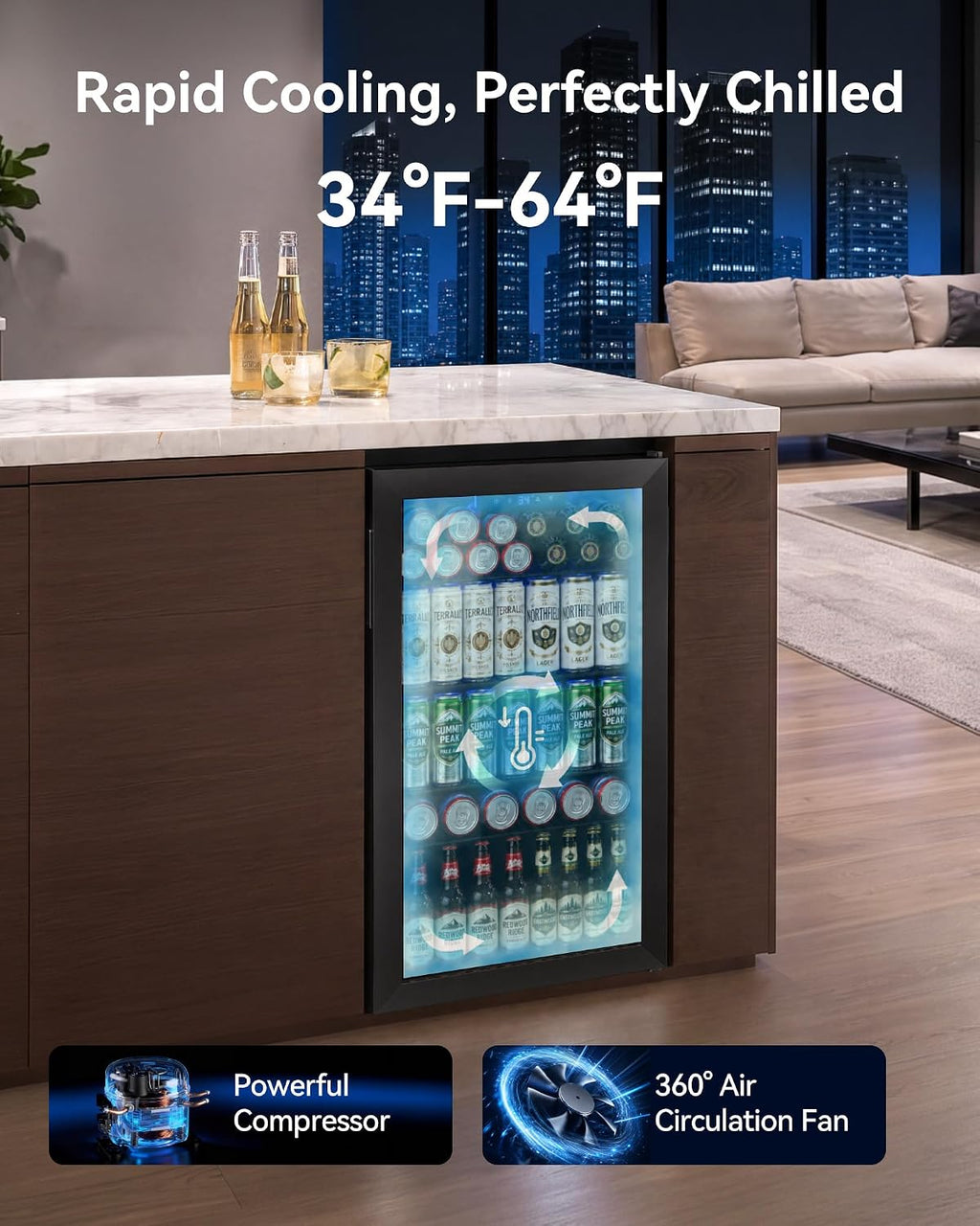 Feelfunn 3.2 Cu. Ft. Beverage Refrigerator, 126-Can Mini Fridge, 34-64°F