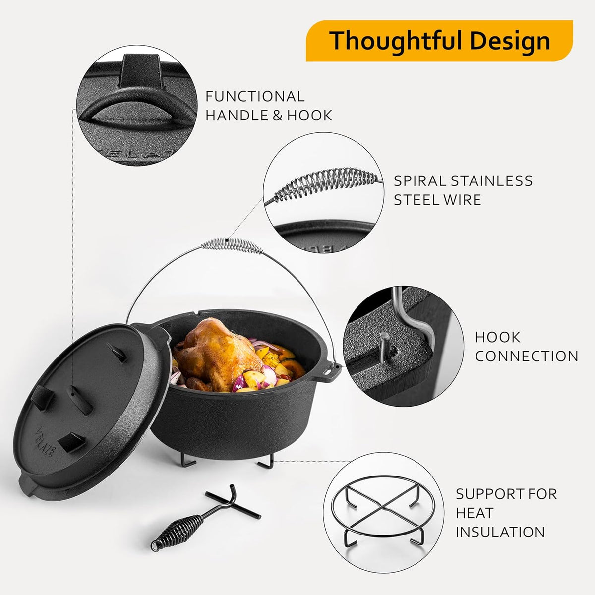 10 QT Pre-Seasoned Cast Iron Camping Dutch Oven Pot with Lid