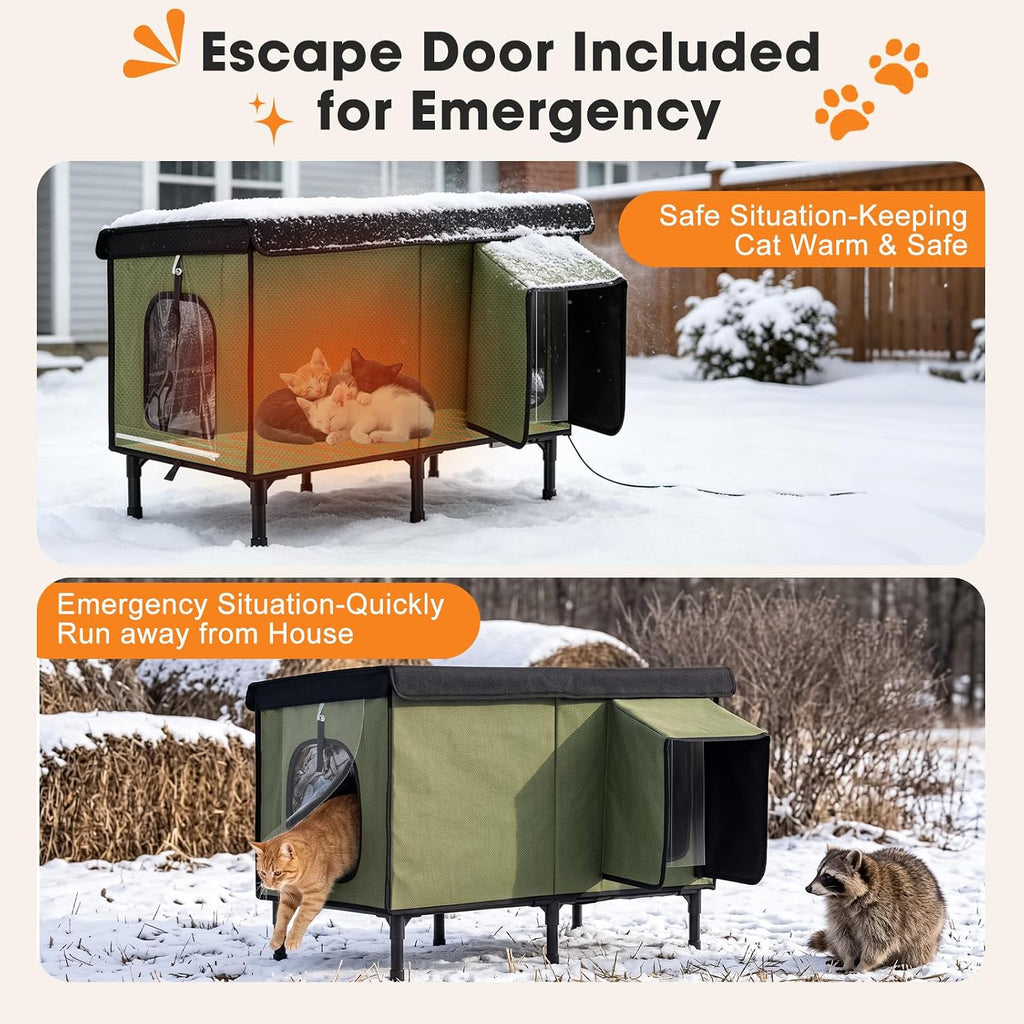 Heated Cat House for Outside, Insulated Large Elevated Waterproof Feral Cat Shelter with Heated Pad, Safe Escape Door All-Round Insulated Cotton and