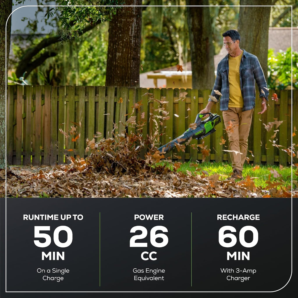 Greenworks 60V Electric Leaf Blower, 610 CFM, 2.5 Ah Battery and Charger