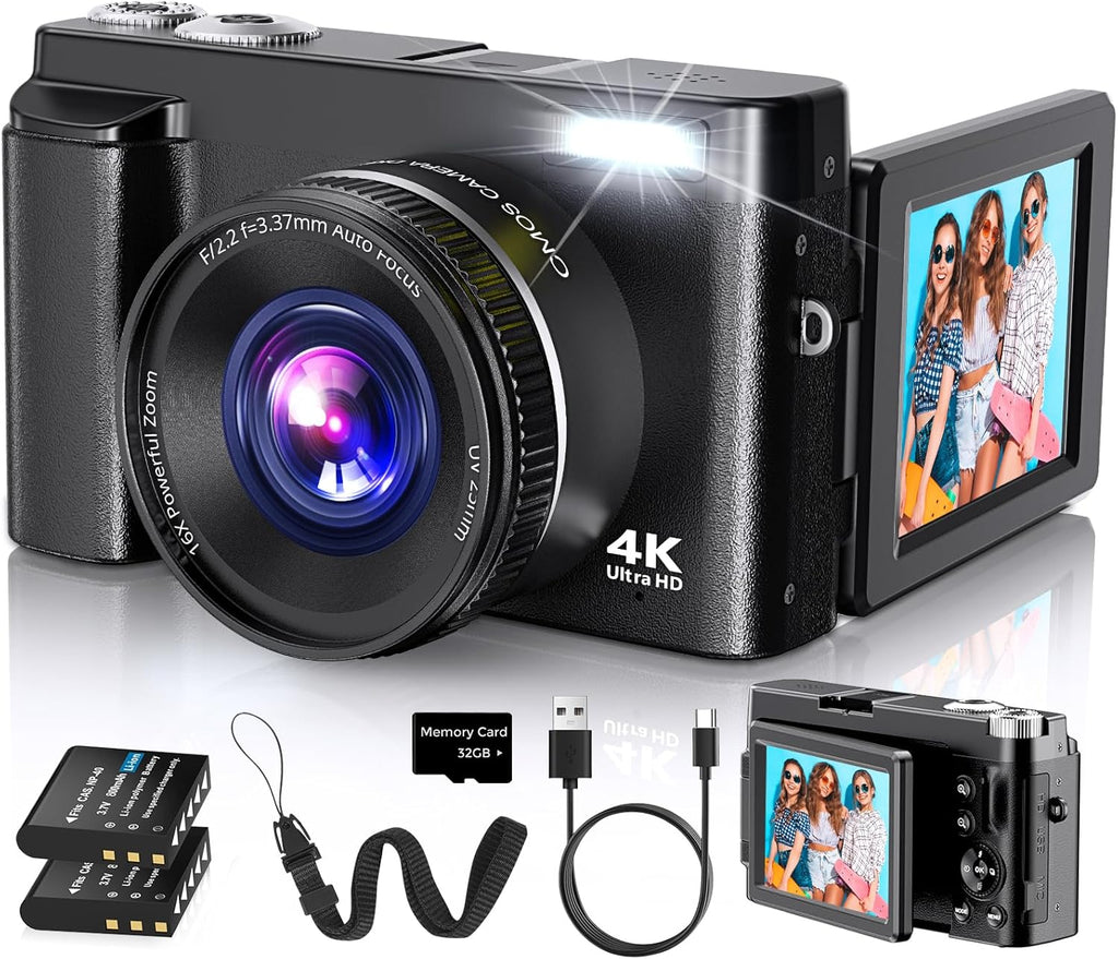 4K Digital Camera for Photography Autofocus, 2026 Latest 48MP Vlogging Camera for YouTube with SD Card, 2 Batteries, 3" 180°Flip Screen Compact