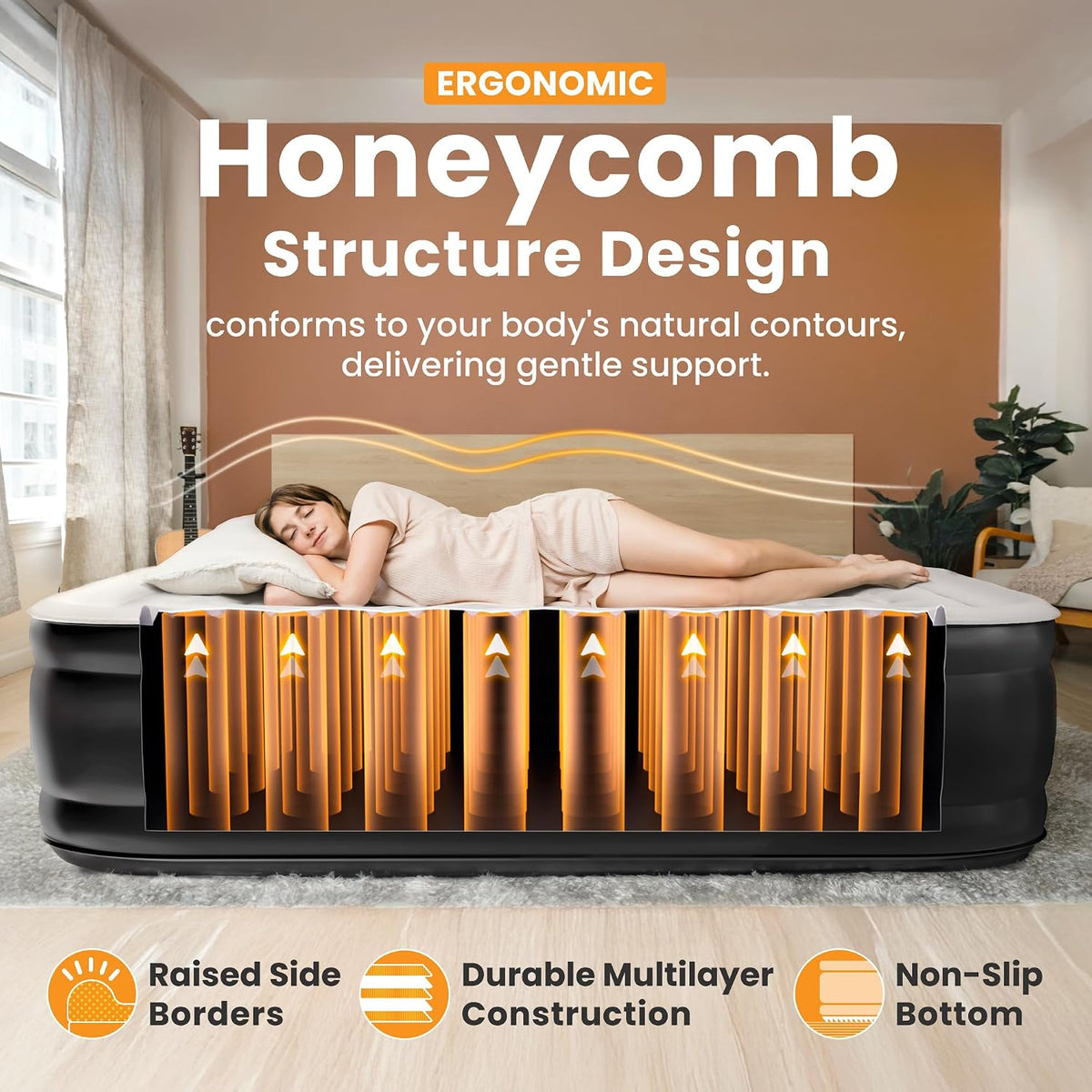 Dr. air Queen Air Mattress with Built-in Pump, 18" Raised Blow Up Mattress, 800 lbs Max Honeycomb Air Bed, 48Hr Leak-Proof Test, 3min Inflatable