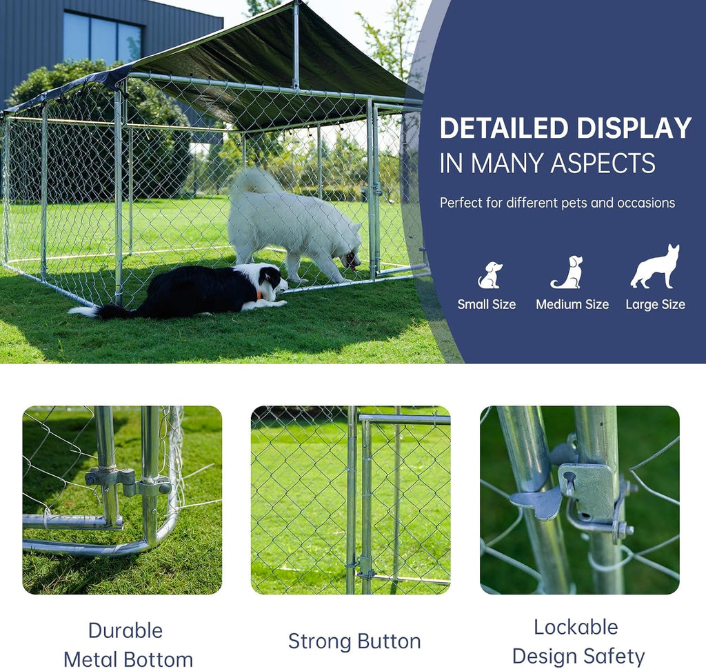 Petony Large Outdoor Dog Enclosure,Heavy Duty Dog Kennel with Roof,Galvanized Steel Dog Cage Fence with Double Safety Locks(79" L x 79" W x 65" H)