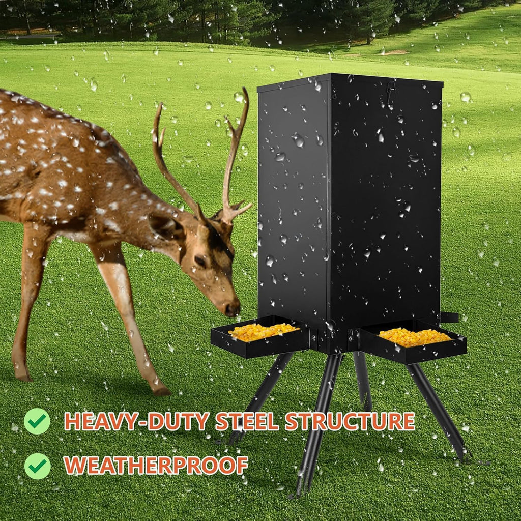 PROLEE 85lbs Deer Feeder, Weatherproof Deer Feeders with 4 Feeding Tray and 4-Leg Stand, Heavy Duty Metal Gravity Feeder for Deers and Wildlife