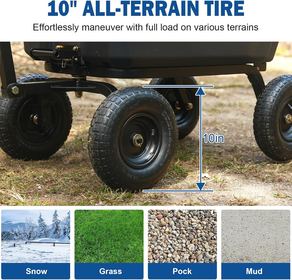 BILT HARD 900 lbs Poly Garden Dump Cart, 5 Cu.Ft Wheelbarrow Cart with 10" All Terrain Wheels & Quick-Release System, Heavy Duty Utility Wagon for