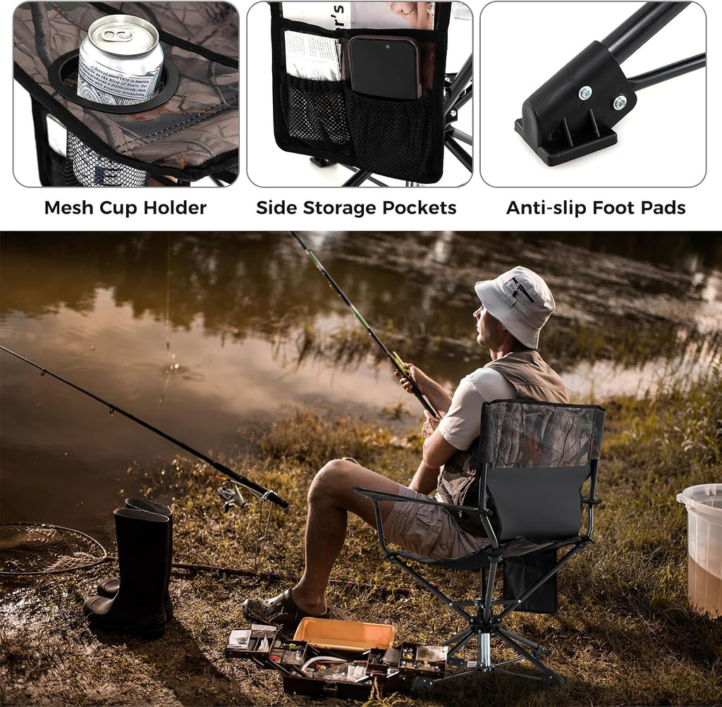 Goplus 360° Swivel Hunting Chair, Folding Hunting Blind Chair for Adults with Cup Holder & Carrying Bag, Lightweight Portable Camping Chairs for Lawn