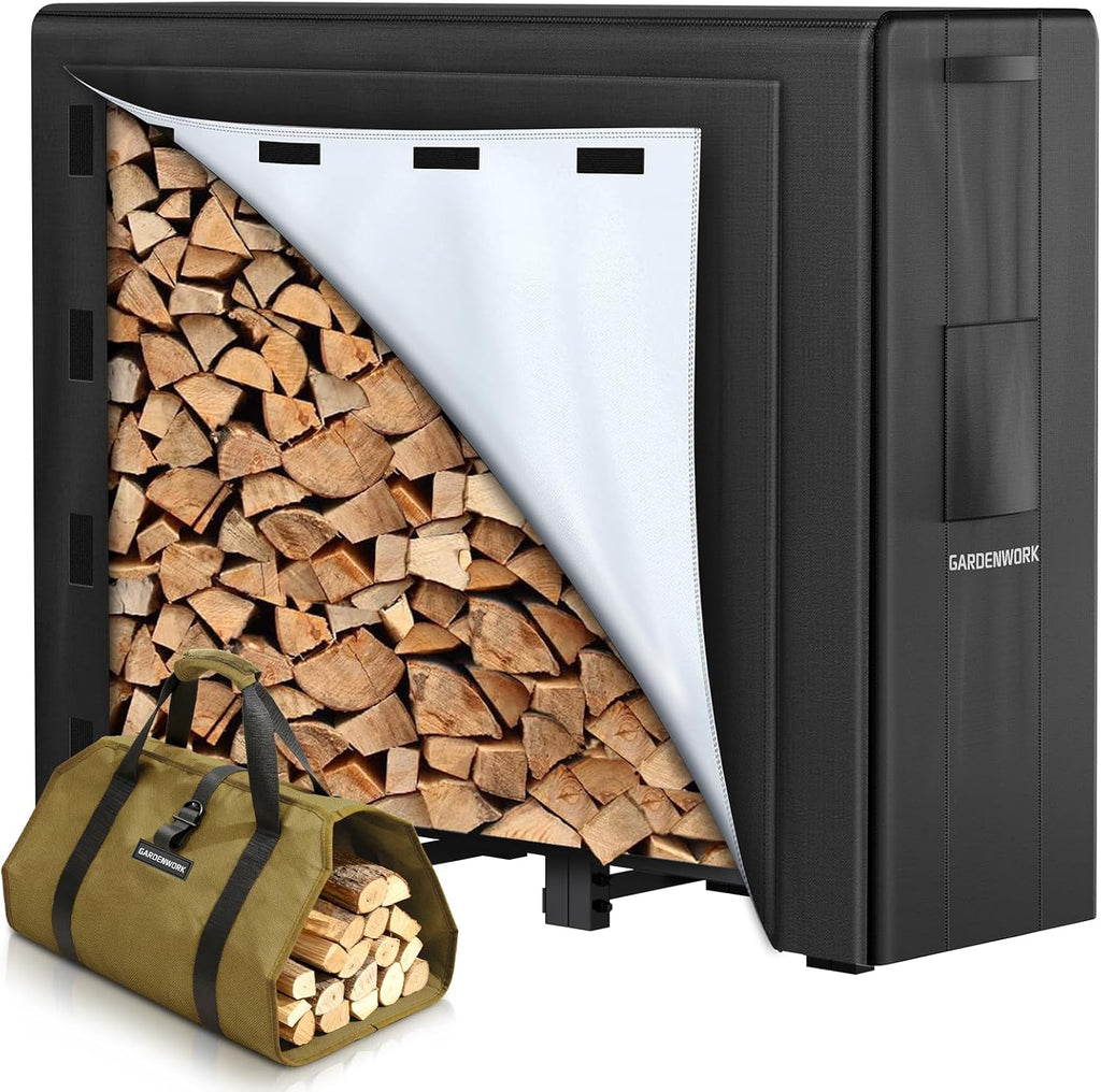 GARDENWORK 4FT Adjustable Firewood Rack Outdoor with Cover,Metal Wood Rack