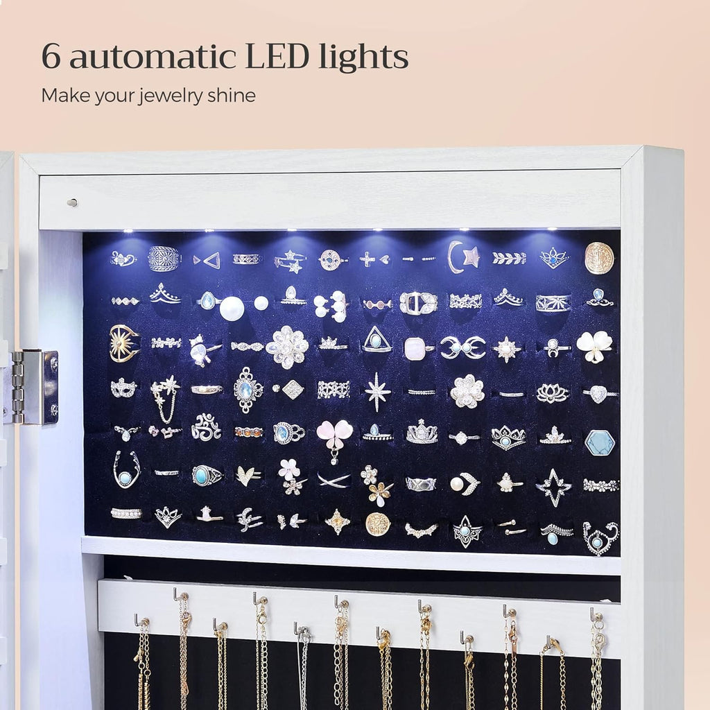 SONGMICS 6 LEDs Mirror Jewelry Cabinet, 47.2-Inch Tall Lockable Wall or Door Mounted Jewelry Armoire Organizer with Mirror, 2 Drawers, 3.9 x 14.6 x