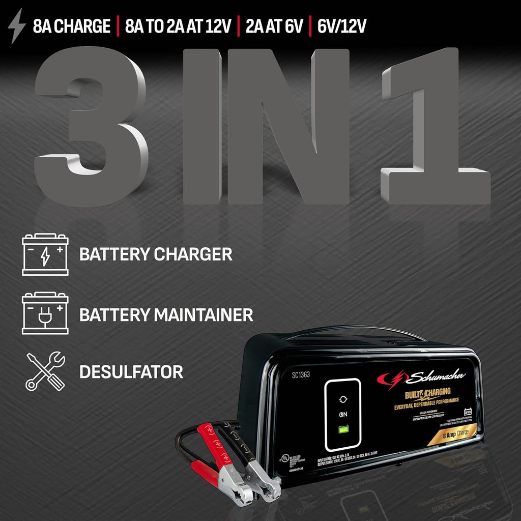 Schumacher Electric 8A Car Battery Charger & Maintainer, 6V/12V – SC1363