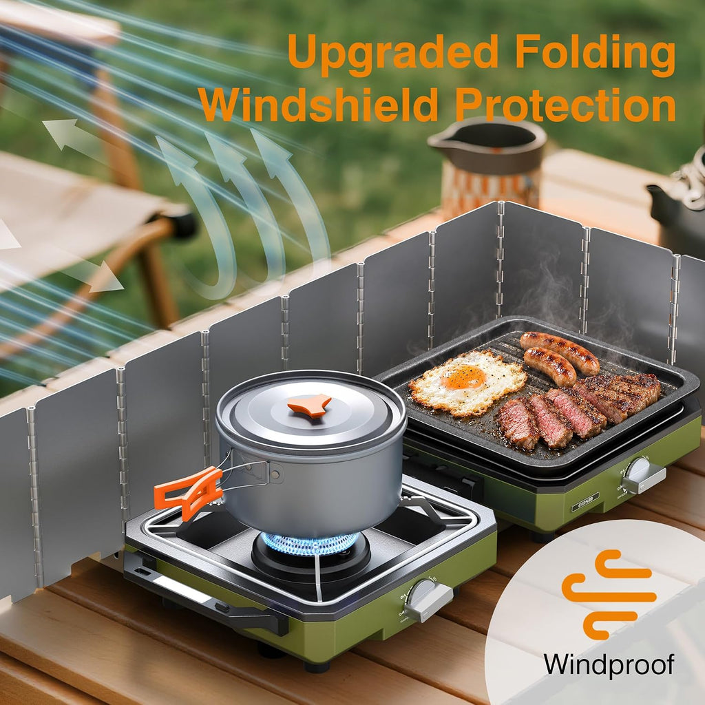 2 Burner Camping Stove with Windshield, 20000 BTU Propane Camp Stove, Portable Folding Gas Stove, Camping Essentials Gear Includes Frying Pan, Coffee