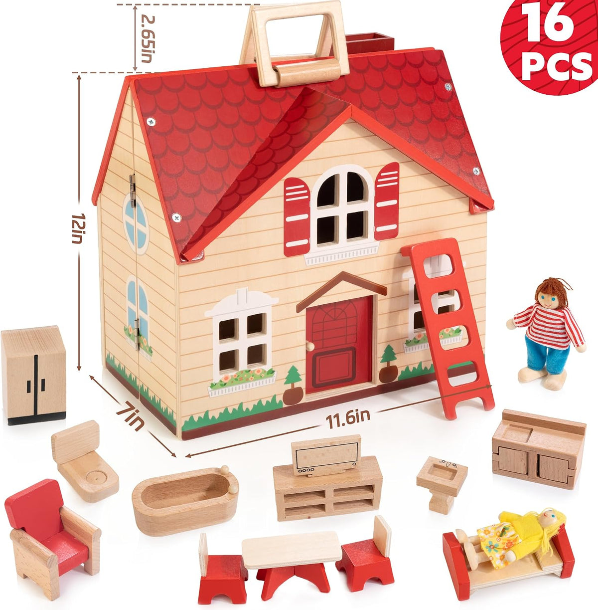 WOODMAM Foldable Wooden Dollhouse with Furniture for Pretend Play