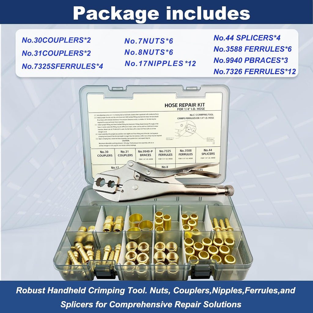 58PCS Hose Repair Kit, 1/4 I.D.Torch Hose Repair Kit, Air Hose Crimper Tool