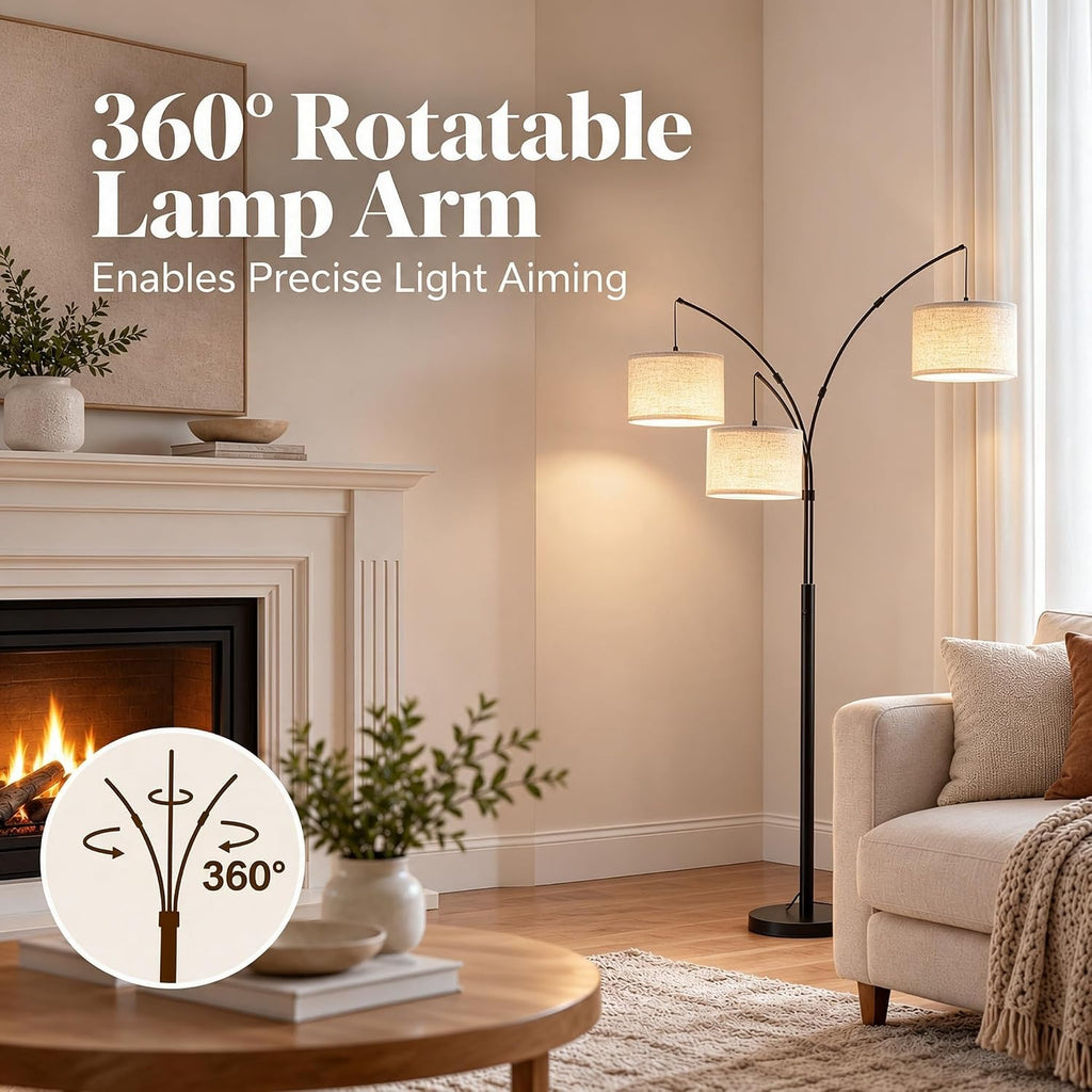 3 Light Arc Floor Lamp with Remote, Beige Shade Black Pole