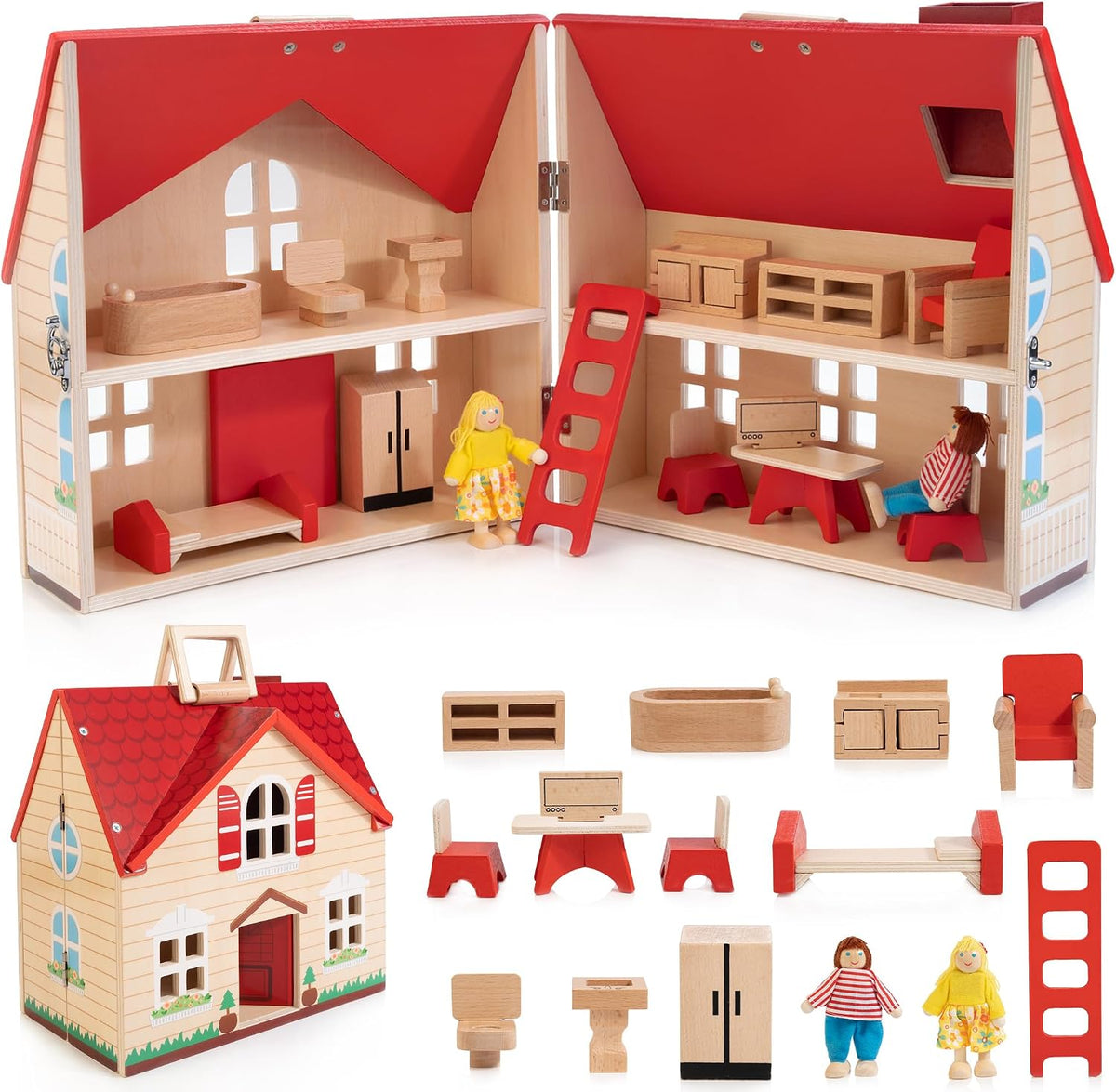 WOODMAM Foldable Wooden Dollhouse with Furniture for Pretend Play