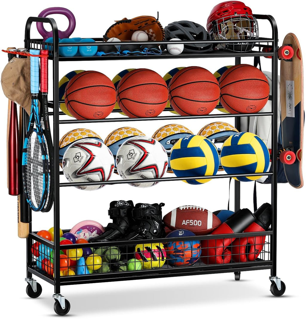 Garage Sports Equipment Organizer - Rolling Ball Storage with Wheels