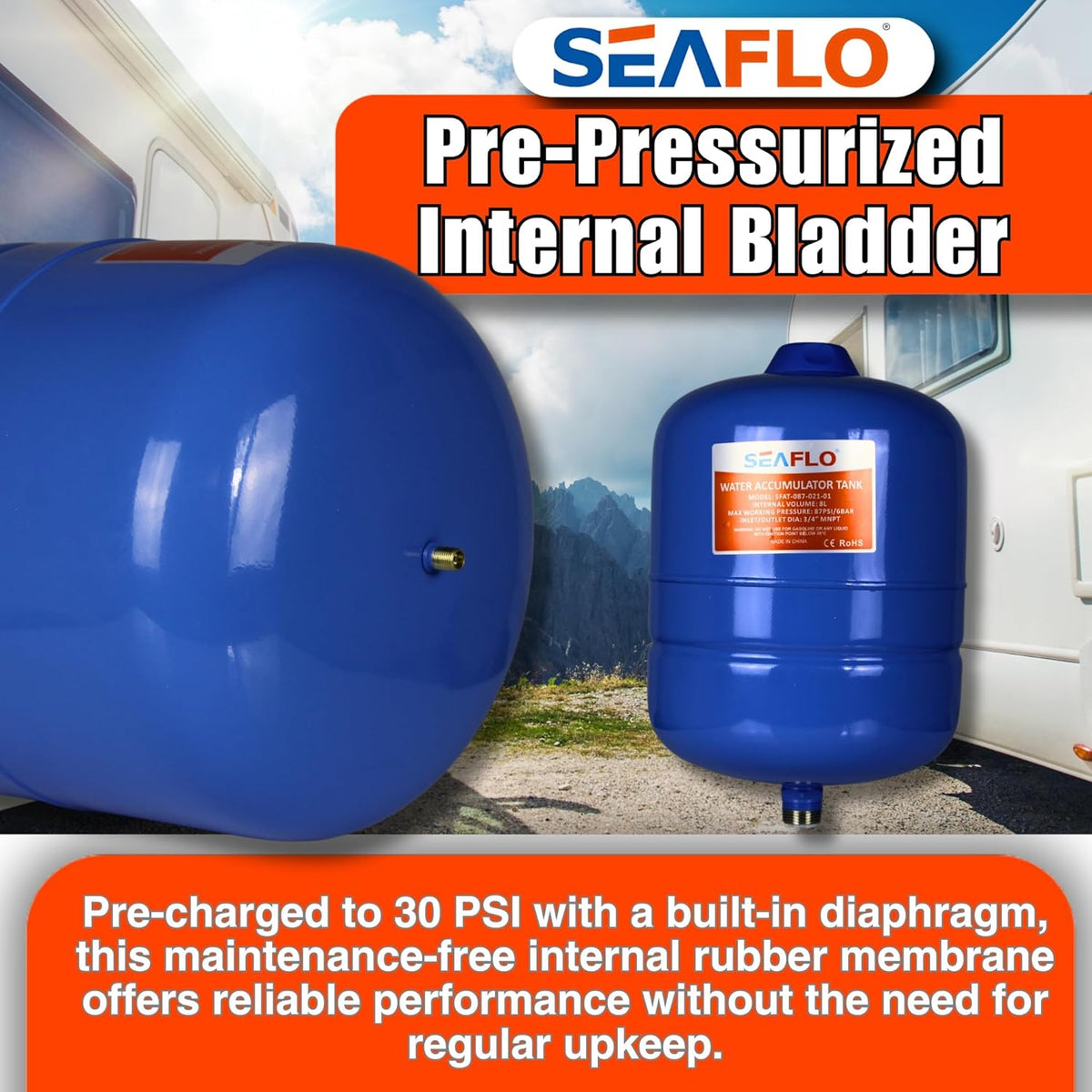 SEAFLO 2 Gallon Pre-Pressurized Accumulator Expansion Tank – Reduces Pump Cycling, Smooth Water Flow, 87 PSI, 3/4" MNPT, Compact Design for RV