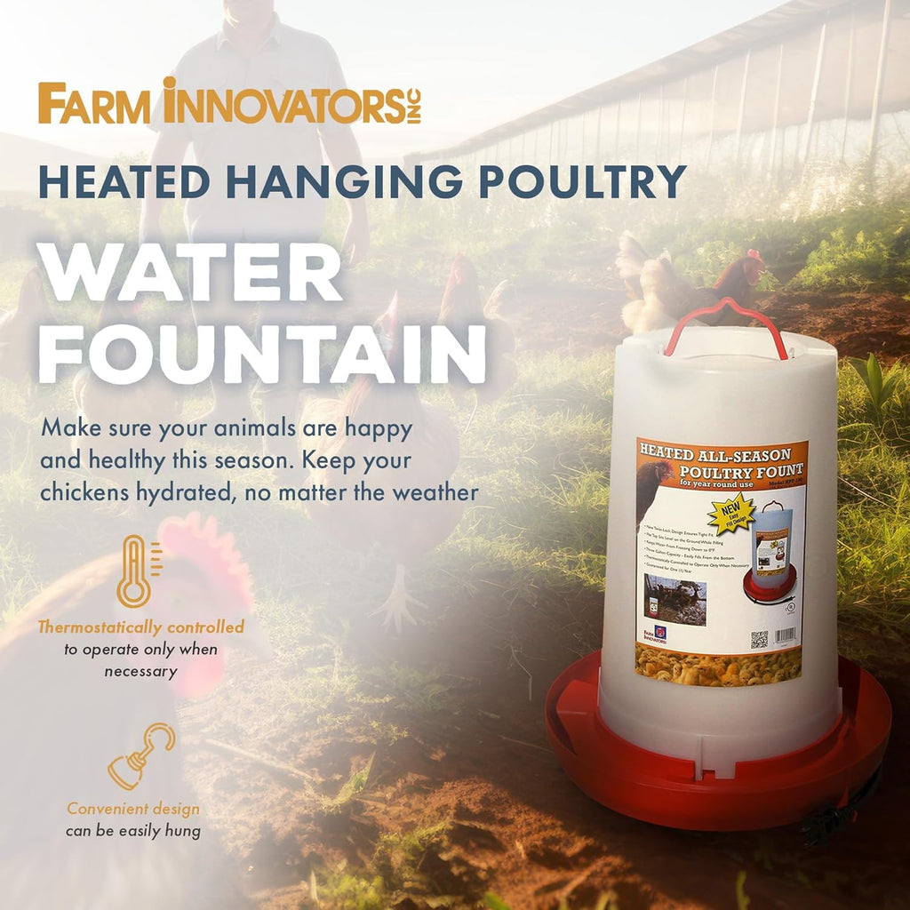 Farm Innovators Thermostatically Controlled Heated 3 Gallon Plastic Outdoor Year Round Hanging Water Fountain for Poultry Watering, Red