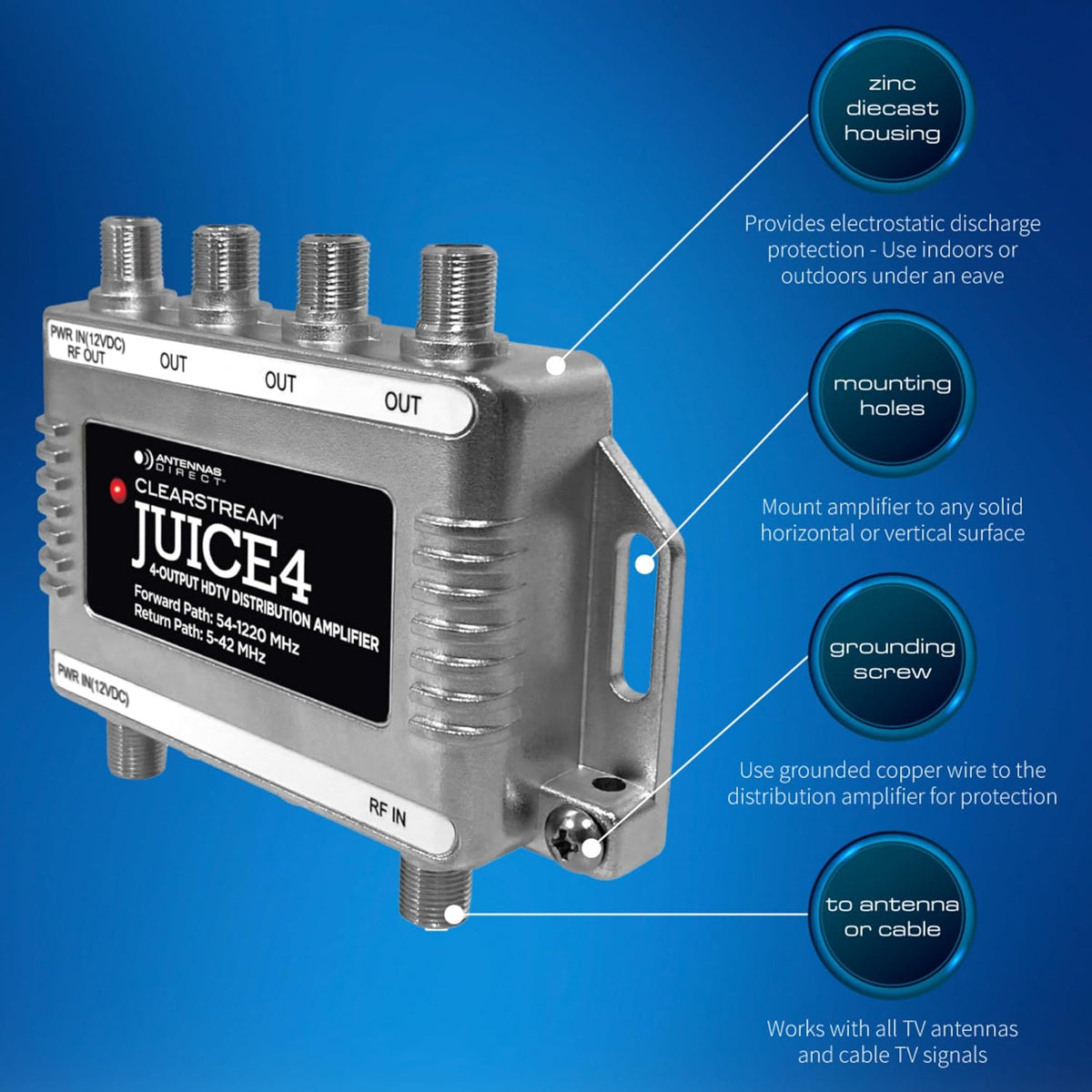 Antennas Direct ClearStream JUICE4 Distribution Amplifier, Silver