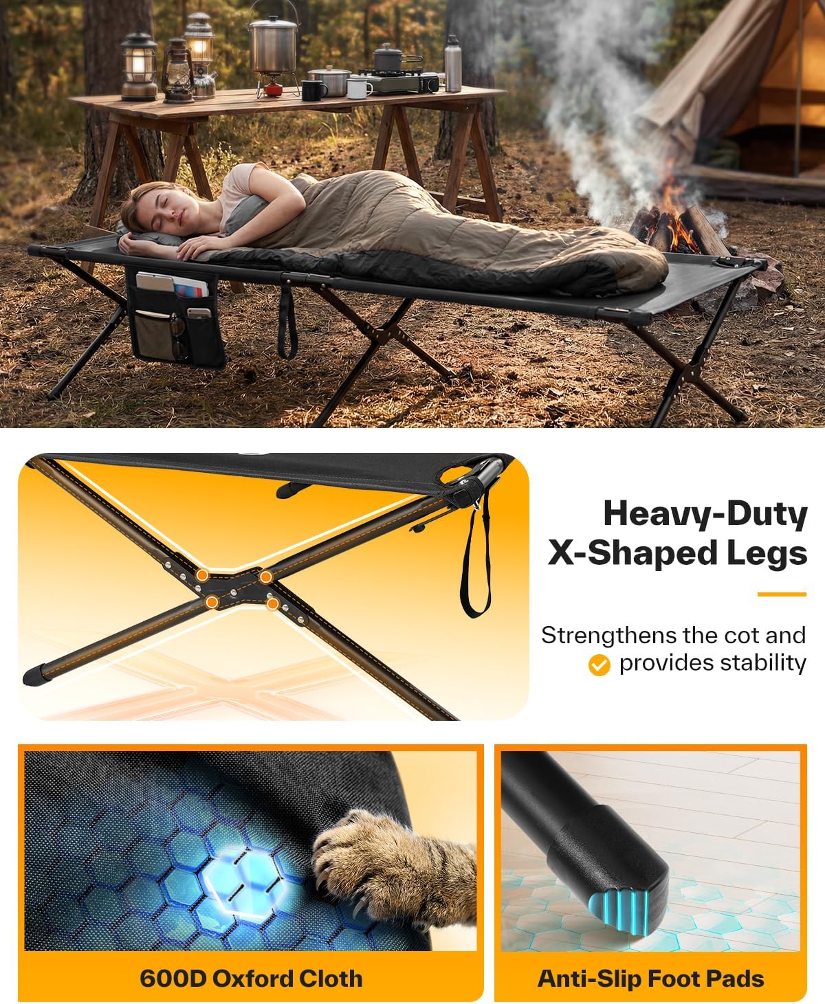 Sportneer Camping Cot: 78.3"x28.7"x14.6" Comfort Cot Bed for Camping Traveling Guest Bed, Sleeping Cots for Adults with Side Pockets & Storage Bag