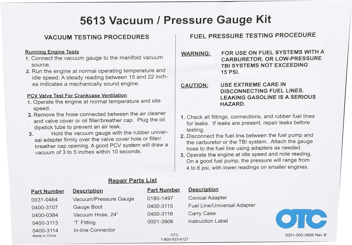 OTC 5613 Vacuum/Pressure Gauge Kit with Storage Case