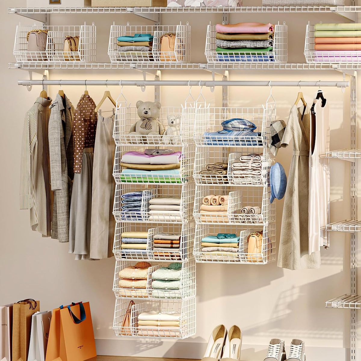 6 Tier Extra Large Hanging Closet Organizer, Closet Storage Hanging with Dividers, Wire Closet Shelf with 5 S Hooks 4 Dividers,Sweater Handbag Hat