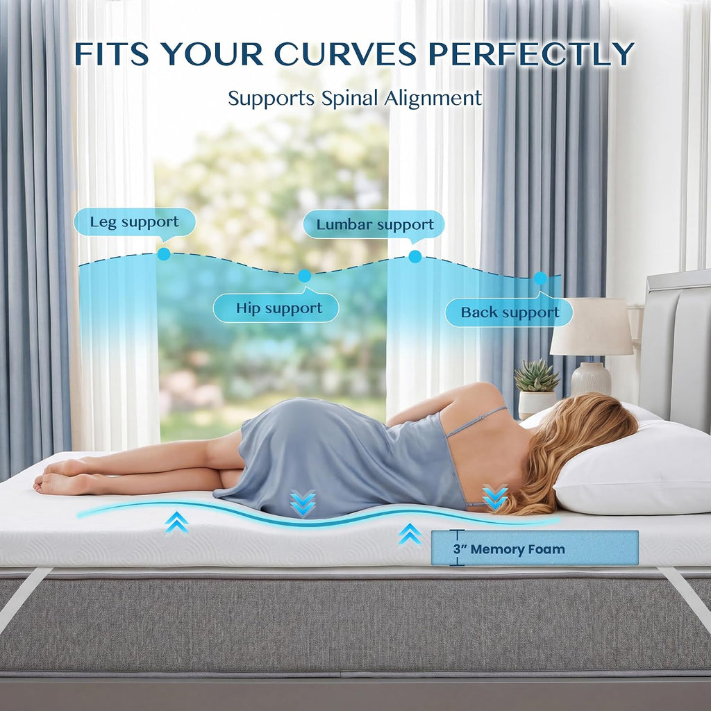 MASVIS 3 Inch Queen Memory Foam Mattress Topper, Ventilated Gel Mattress Topper for Back Pain Relief, CertiPUR-US Certified, Removable Washable Cover