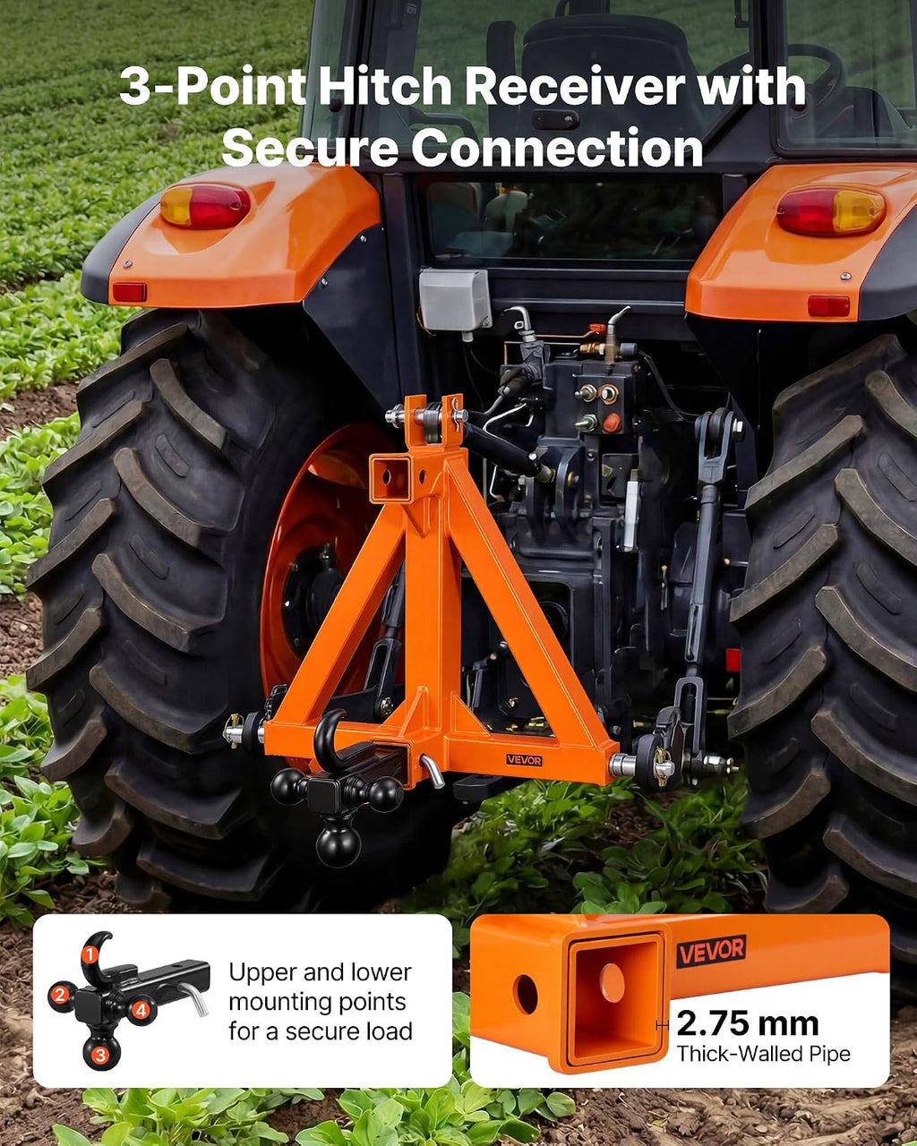 VEVOR 3 Point Trailer Hitch with 2" Receiver, 3 Pt Quick Hitch with 3 Trailer Balls, Tractor Tow Drawbar Adapter for Category 1, Kubota, Mahindra