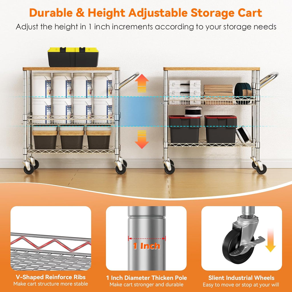 3 Tier Rolling Kitchen Carts on Wheels with Storage,650Lbs Heavy Duty Utility Carts with Wheels,Kitchen Island with Wood Tabletop,Metal Serving