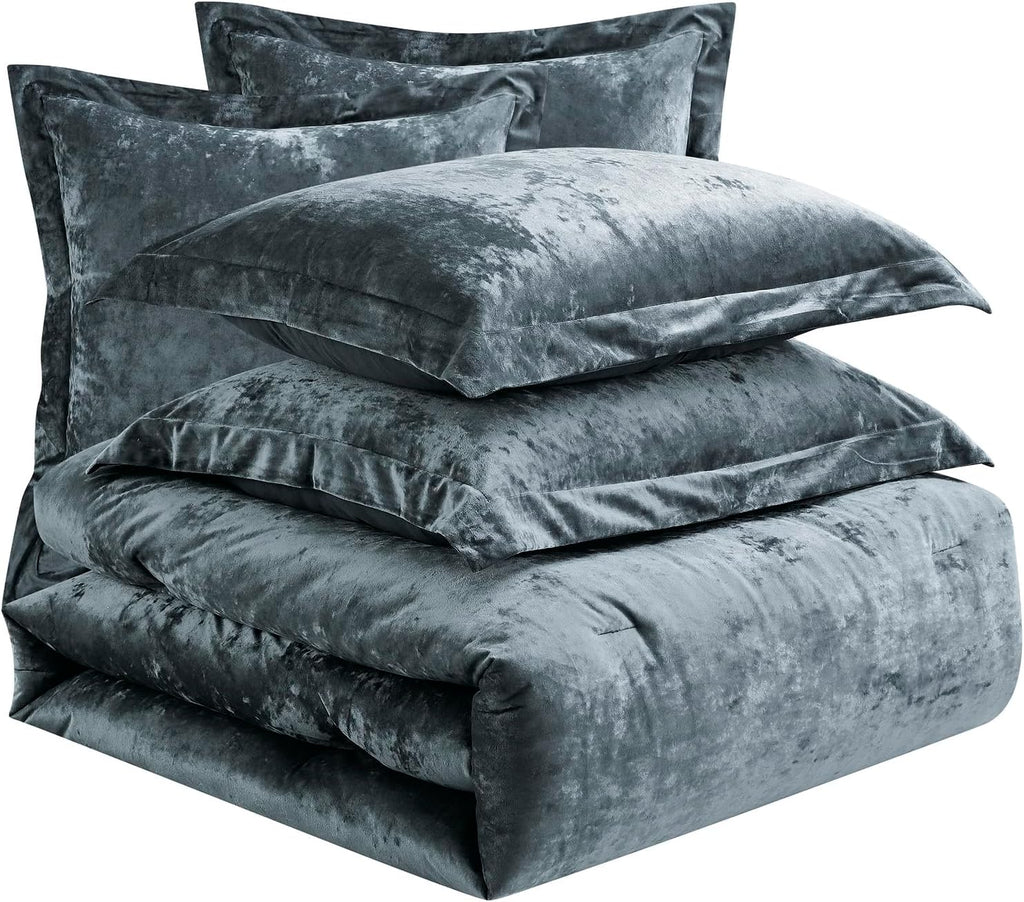Fredsure Distressed Velvet Comforter Set, 5 Pieces Smoke Blue King, Distressed Velvet Face and Brushed Microfiber Reverse