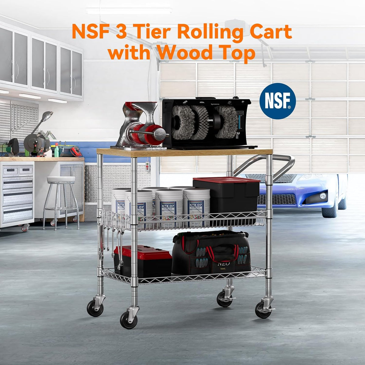 3 Tier Rolling Kitchen Carts on Wheels with Storage,650Lbs Heavy Duty Utility Carts with Wheels,Kitchen Island with Wood Tabletop,Metal Serving