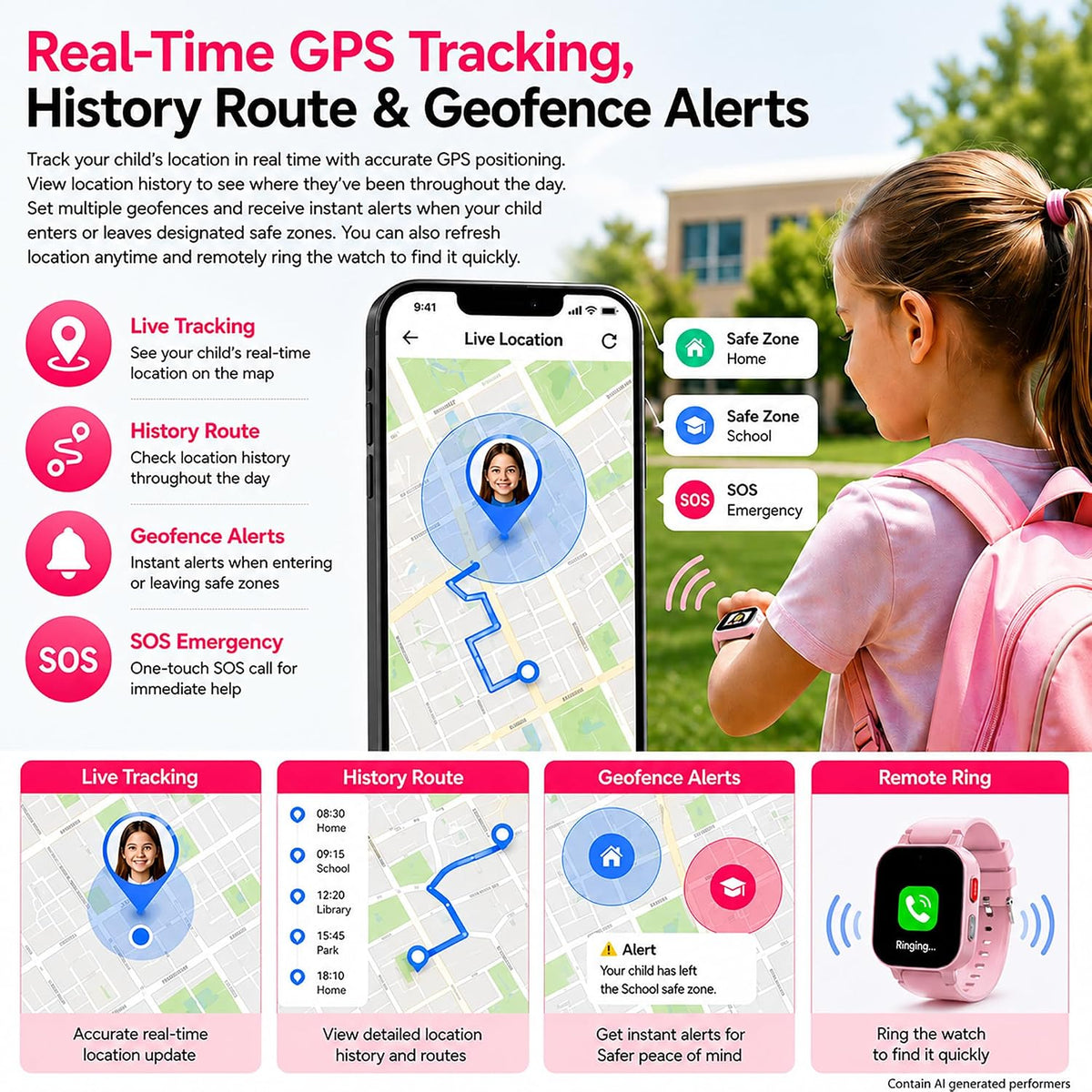 4G Kids Smart Watch with GPS Tracker, Video & Voice Call, SOS, WiFi, IP68 Waterproof, AI Smart Features, Parental Control Phone Watch for Boys Girls