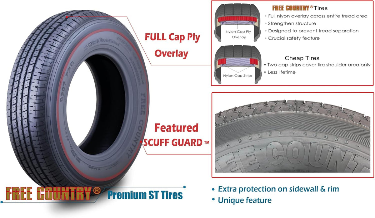 Free Country Trailer Tire Wheel ST205/75R15 8PR D 107N 5X4.5 Black Mod Pk2