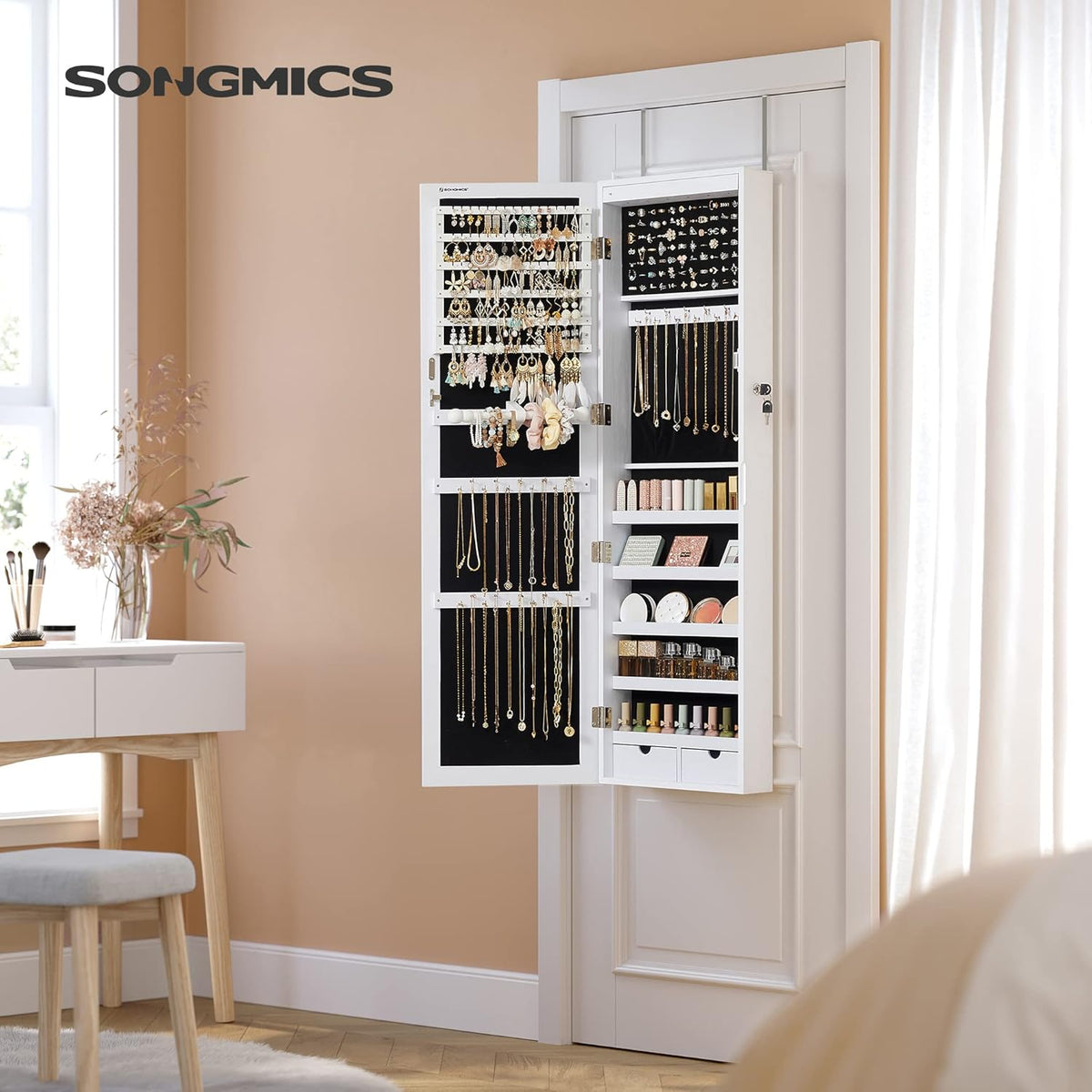 SONGMICS 6 LEDs Mirror Jewelry Cabinet, 47.2-Inch Tall Lockable Wall or Door Mounted Jewelry Armoire Organizer with Mirror, 2 Drawers, 3.9 x 14.6 x