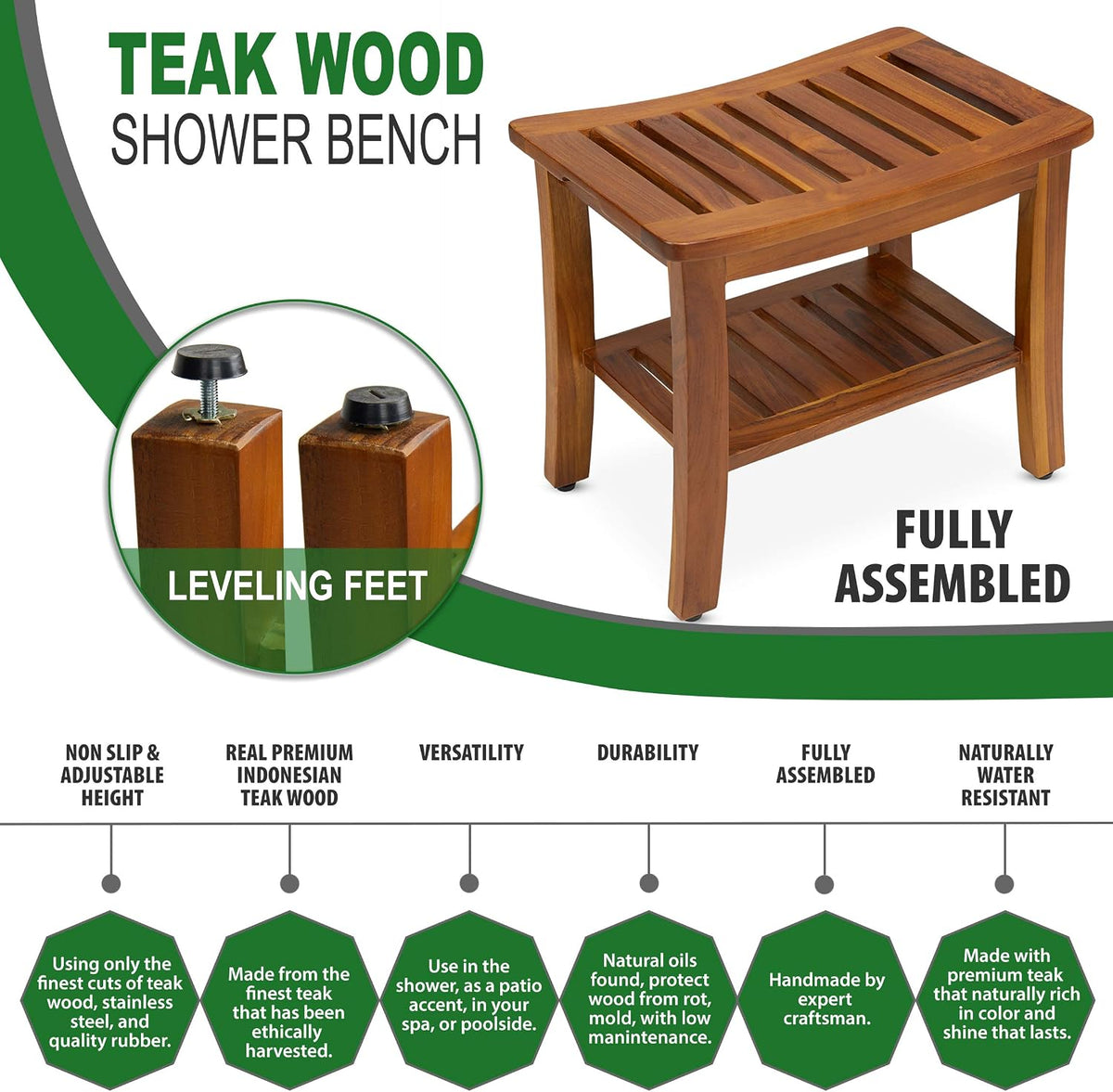 Teakcraft Teak Shower Bench & Stool for Inside Shower, 21", Fully Assembled