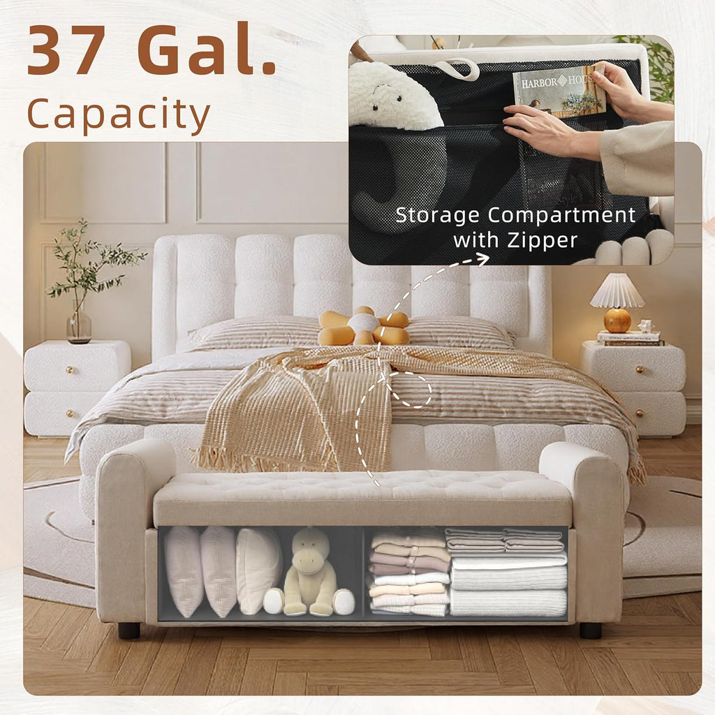 48" Ottoman with Storage, Tufted Storage Ottoman Bench, Convenient Living Room Fabrics Bench Seat, Entryway Shoe Benches with Inner Zipper & Arm