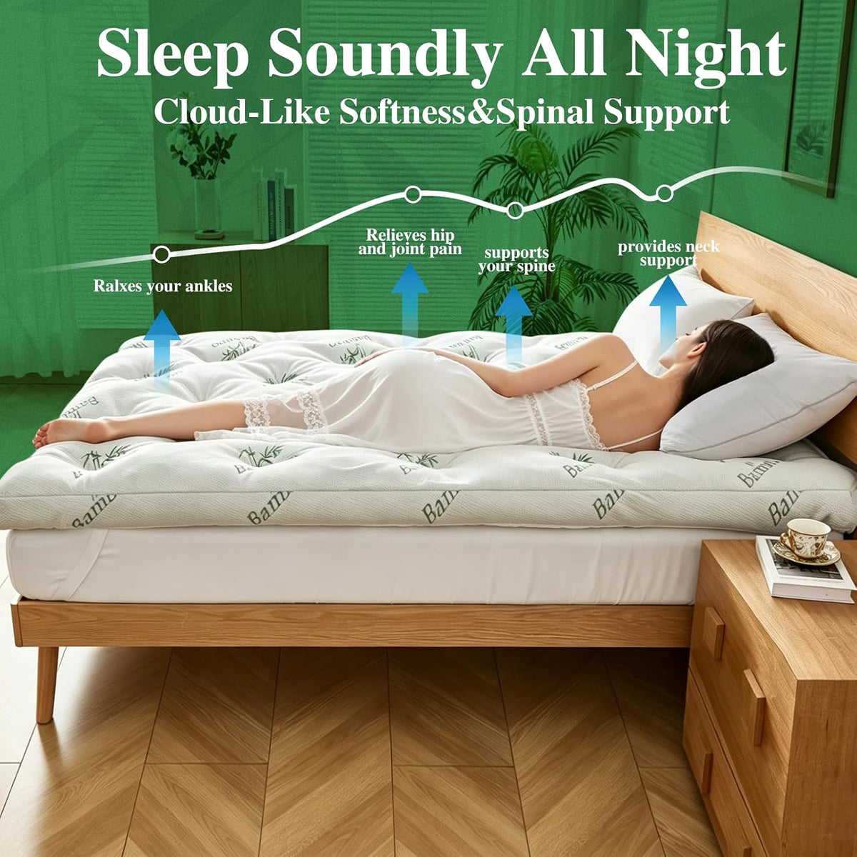 WhatsBedding 4 inch Bamboo Memory Foam Mattress Topper for Back Pain Relief Queen Size, Filled with Breathable Gel Memory Foam, Cooling Bamboo