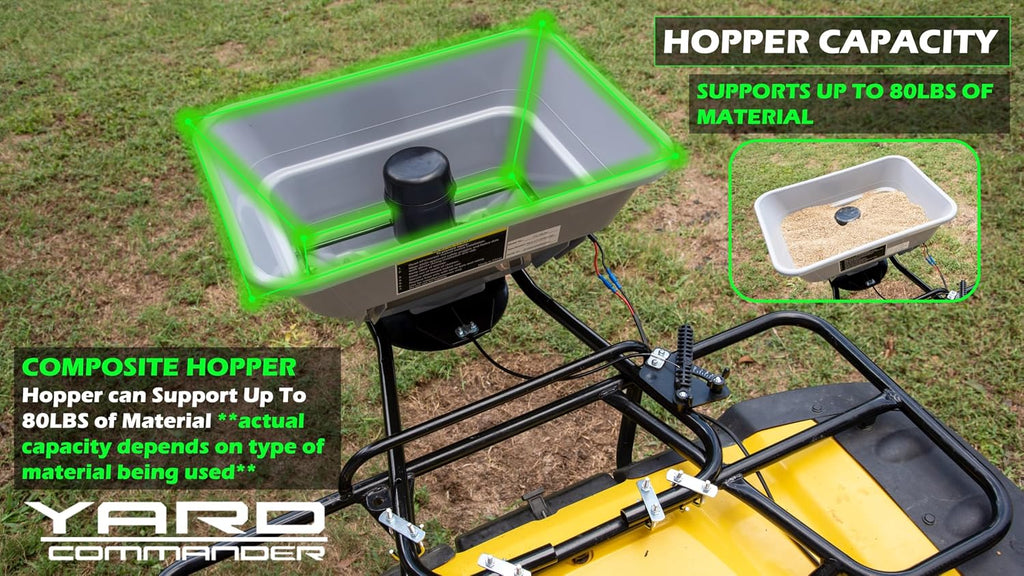 80 LB ATV/UTV Broadcast Spreader - 12-Volt Heavy Duty Motor - Salt, Seed, Fertilizer & More - Adjustable Drop Rate - Included Hopper Cover - Mounts