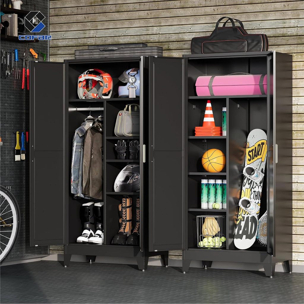 COFaR Wardrobe Closet with Doors, Metal Bedroom Armoire with Adjustable Hanging Rod and Shelves, Farmhouse Broom Closet Storage Cabinet for Garage