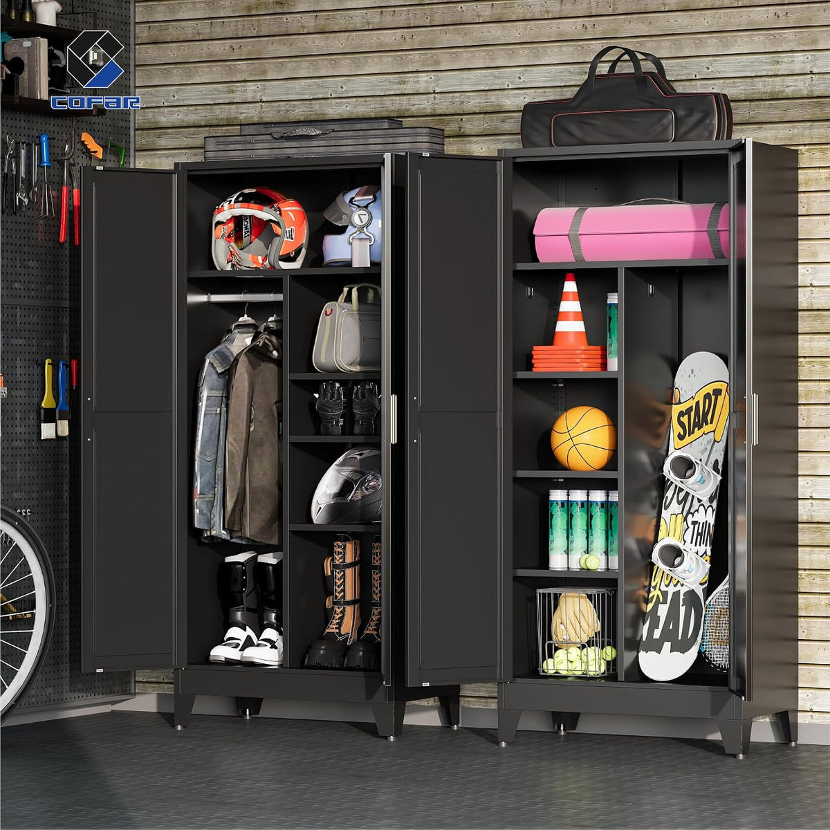 COFaR Wardrobe Closet with Doors, Metal Bedroom Armoire with Adjustable Hanging Rod and Shelves, Farmhouse Broom Closet Storage Cabinet for Garage