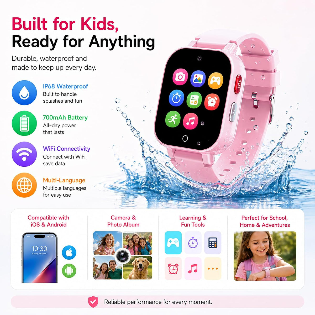4G Kids Smart Watch with GPS Tracker, Video & Voice Call, SOS, WiFi, IP68 Waterproof, AI Smart Features, Parental Control Phone Watch for Boys Girls
