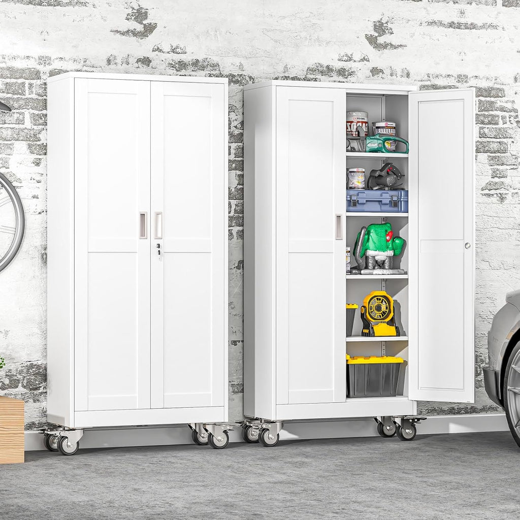 71" Metal Garage Storage Cabinet with Wheels and Locking Doors and Tall Rolling Steel Tool Cabinet with 4 Adjustable Shelves for Garage,Home,Office
