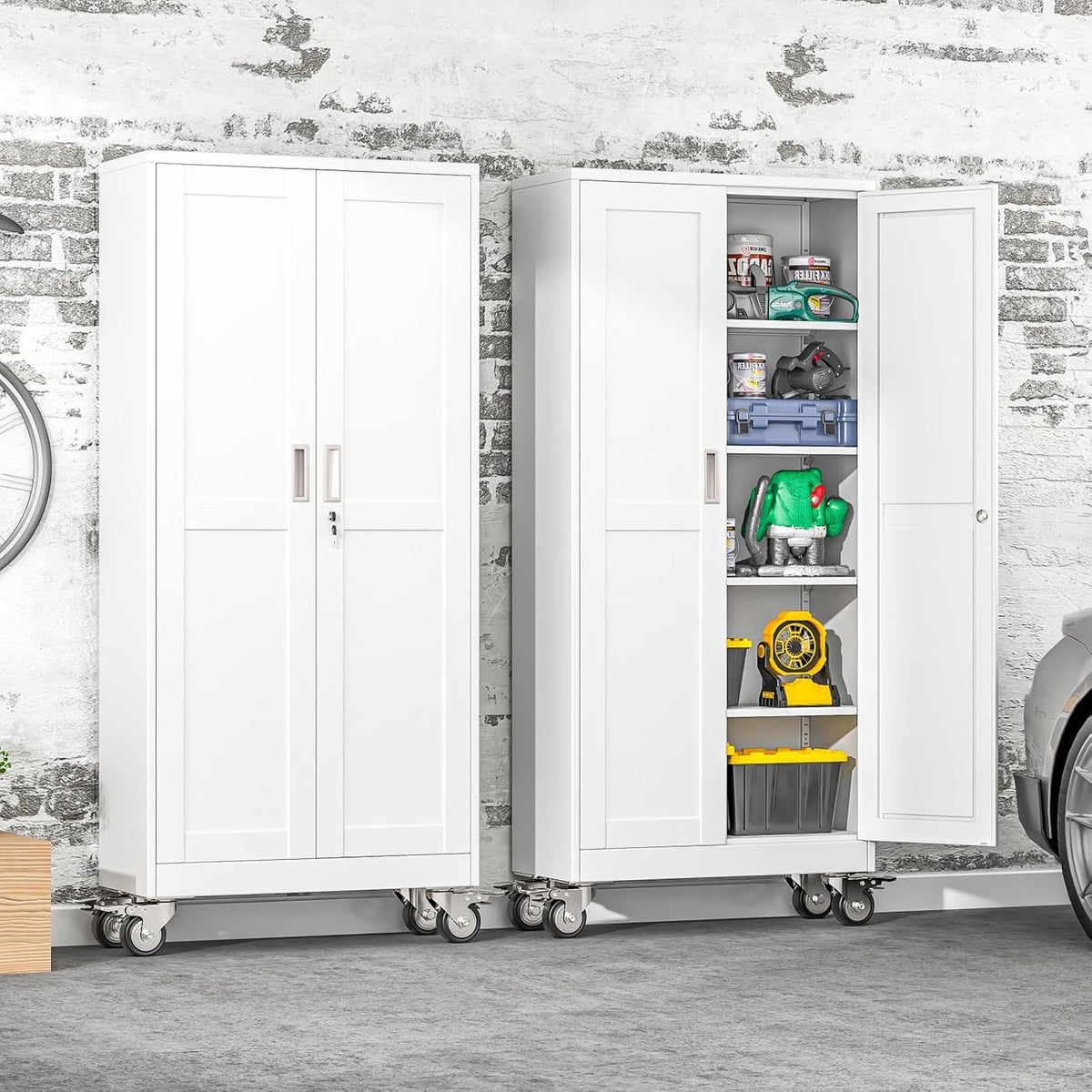71" Metal Garage Storage Cabinet with Wheels and Locking Doors and Tall Rolling Steel Tool Cabinet with 4 Adjustable Shelves for Garage,Home,Office