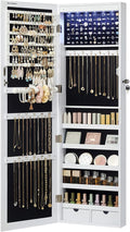 SONGMICS 6 LEDs Mirror Jewelry Cabinet, 47.2-Inch Tall Lockable Wall or Door Mounted Jewelry Armoire Organizer with Mirror, 2 Drawers, 3.9 x 14.6 x