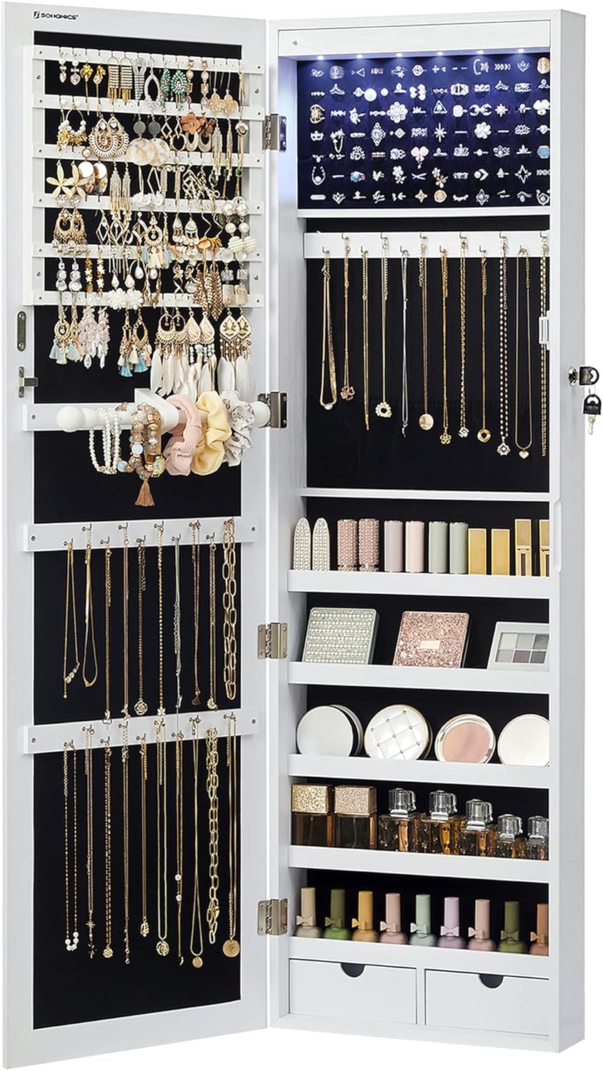 SONGMICS 6 LEDs Mirror Jewelry Cabinet, 47.2-Inch Tall Lockable Wall or Door Mounted Jewelry Armoire Organizer with Mirror, 2 Drawers, 3.9 x 14.6 x