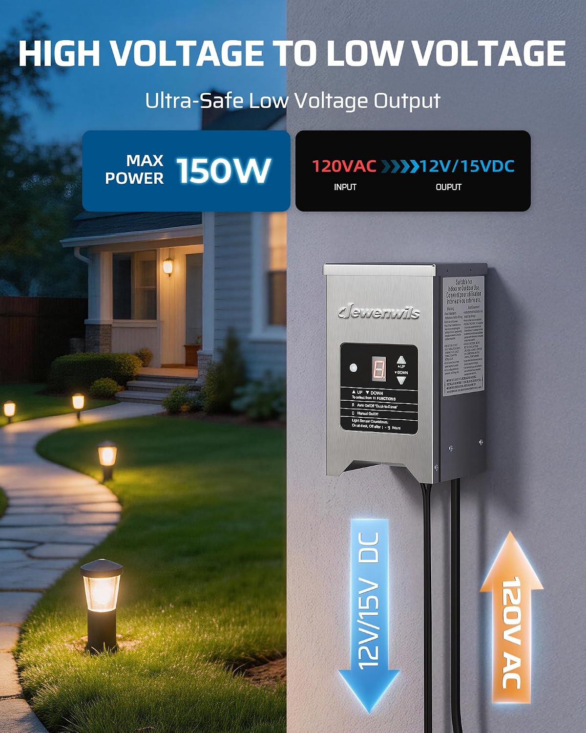 DEWENWILS 150W Low Voltage Landscape Transformer with Photocell Sensor, 120V AC to 12V/15V AC, Low Voltage Transformer for LED Landscape Lights